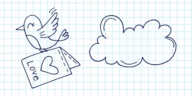 Conjunto de elementos bonitos de doodle desenhados à mão sobre amor adesivos de mensagem para aplicativos ícones para eventos românticos do dia dos namorados e casamento caderno quadriculado um pássaro com envelope e carta de amor na nuvem