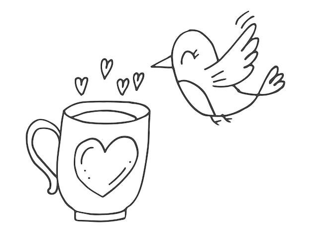 Conjunto de elementos bonitos de doodle desenhados à mão sobre amor adesivos de mensagem para aplicativos ícones para eventos românticos e casamento do dia dos namorados um pássaro e uma xícara com coração