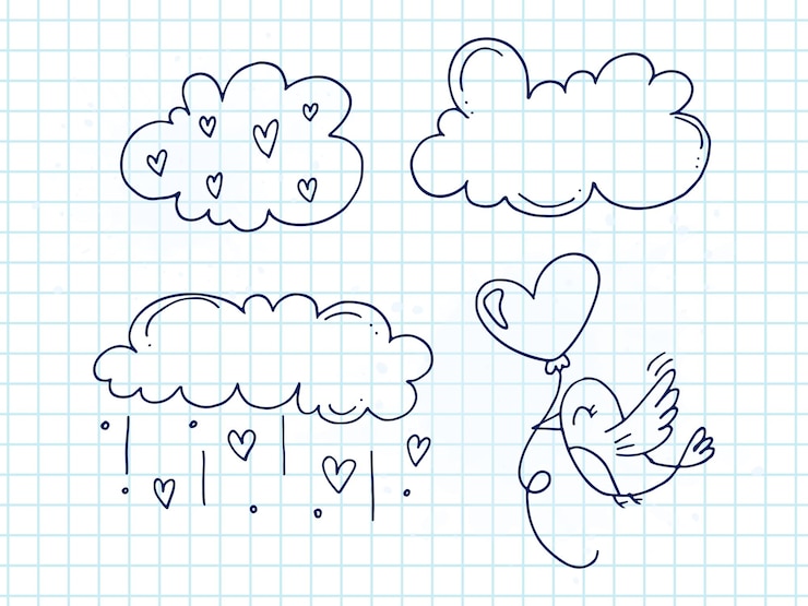 Vetor conjunto de elementos bonitos de doodle desenhados à mão sobre amor adesivos de mensagens para aplicativos ícones para eventos românticos e casamento do dia dos namorados um caderno quadriculado um pássaro com balão no céu com nuvens