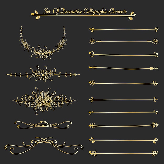 Conjunto de elementos caligráficos decorativos dourados para a decoração.