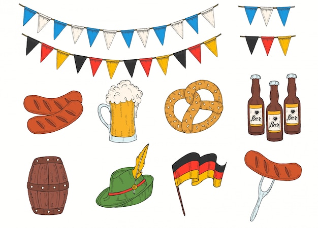 Conjunto de elementos coloridos da Oktoberfest desenhado à mão