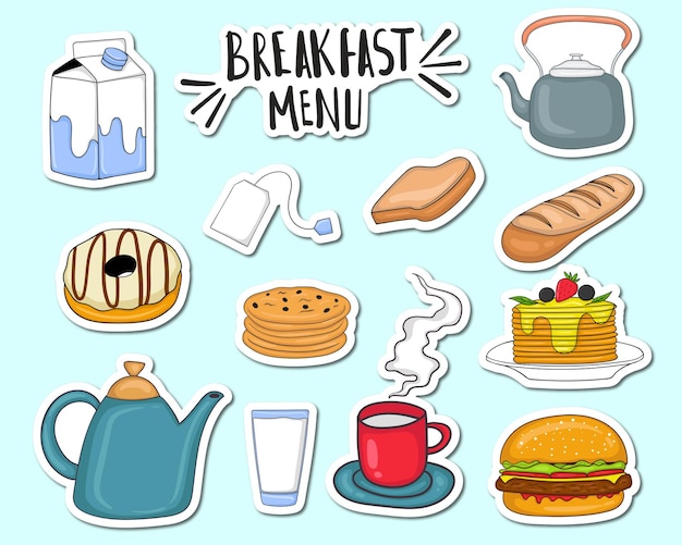 Conjunto de elementos coloridos do menu do café da manhã desenhados à mão