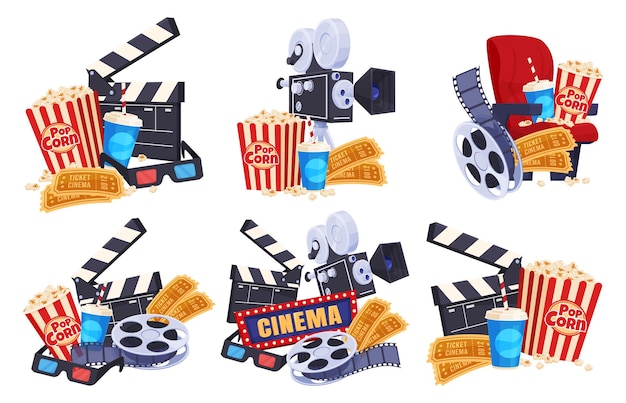 Conjunto de elementos da indústria cinematográfica Fotografando e assistindo filmes Ilustração vetorial de lazer divertido e emocionante