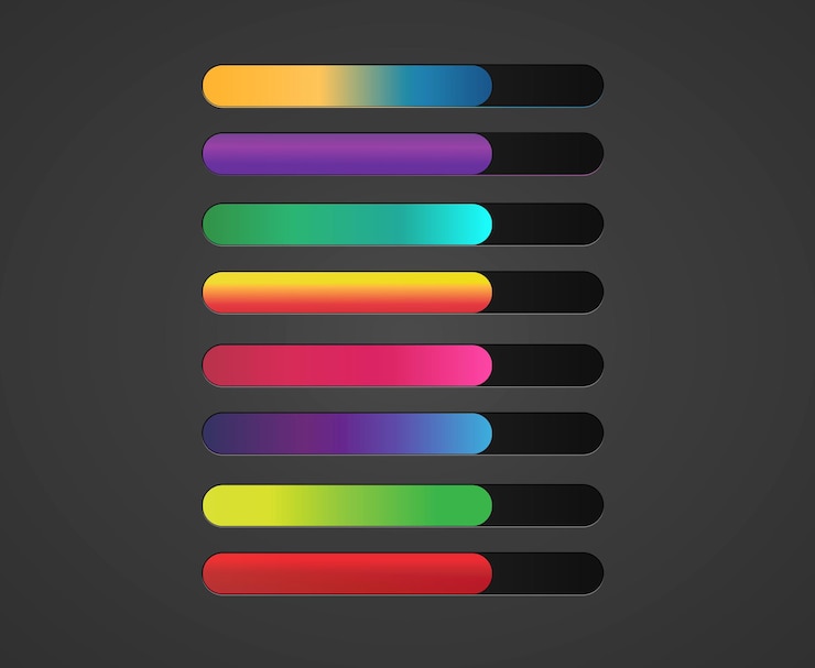 Vetor conjunto de elementos da interface de interface dos controles deslizantes da barra de recursos do jogo gradiente colorido