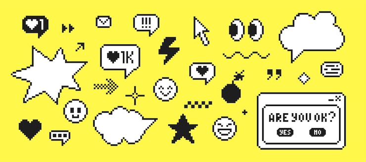 Vetor conjunto de elementos de arte de pixel no estilo dos anos 90 caixas de mensagens e elementos de interface de usuário pop-up