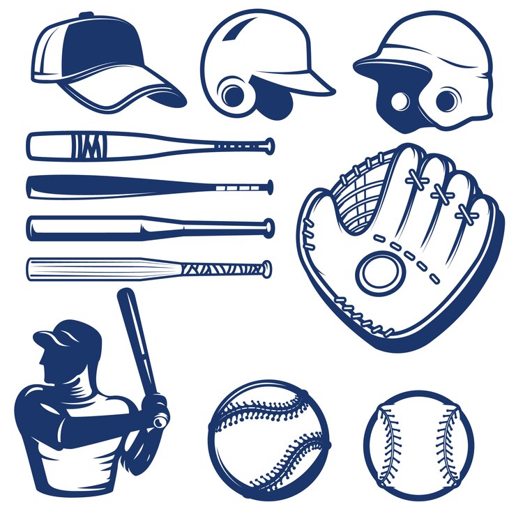 Vetor conjunto de elementos de beisebol. batidas de beisebol, bolas, luva, chapéus. elementos para o logotipo, etiqueta, emblema, sinal. ilustração