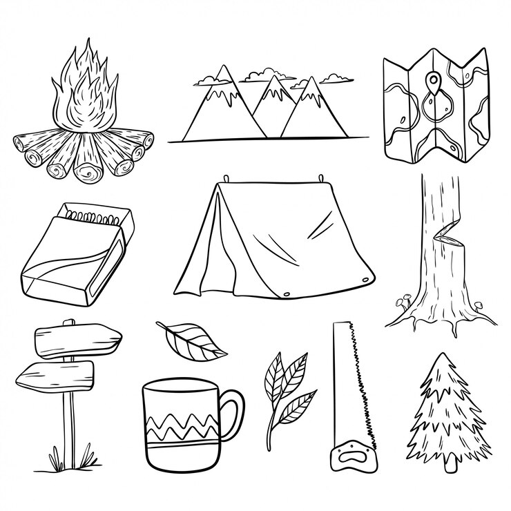 Vetor conjunto de elementos de caminhadas e camping com mão desenhada ou estilo doodle