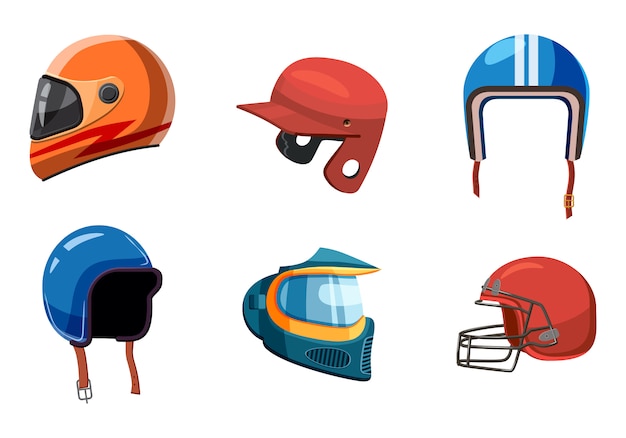 Conjunto de elementos de capacete de esporte. Caricatura, jogo, de, capacete esporte