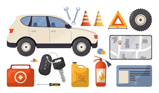 Conjunto de elementos de condução do automóvel Chaves de automóvel brancas Kit de primeiros socorros Gasolina e extintor de incêndio Licença de condução e mapa para navegação Coleção de vetores planos