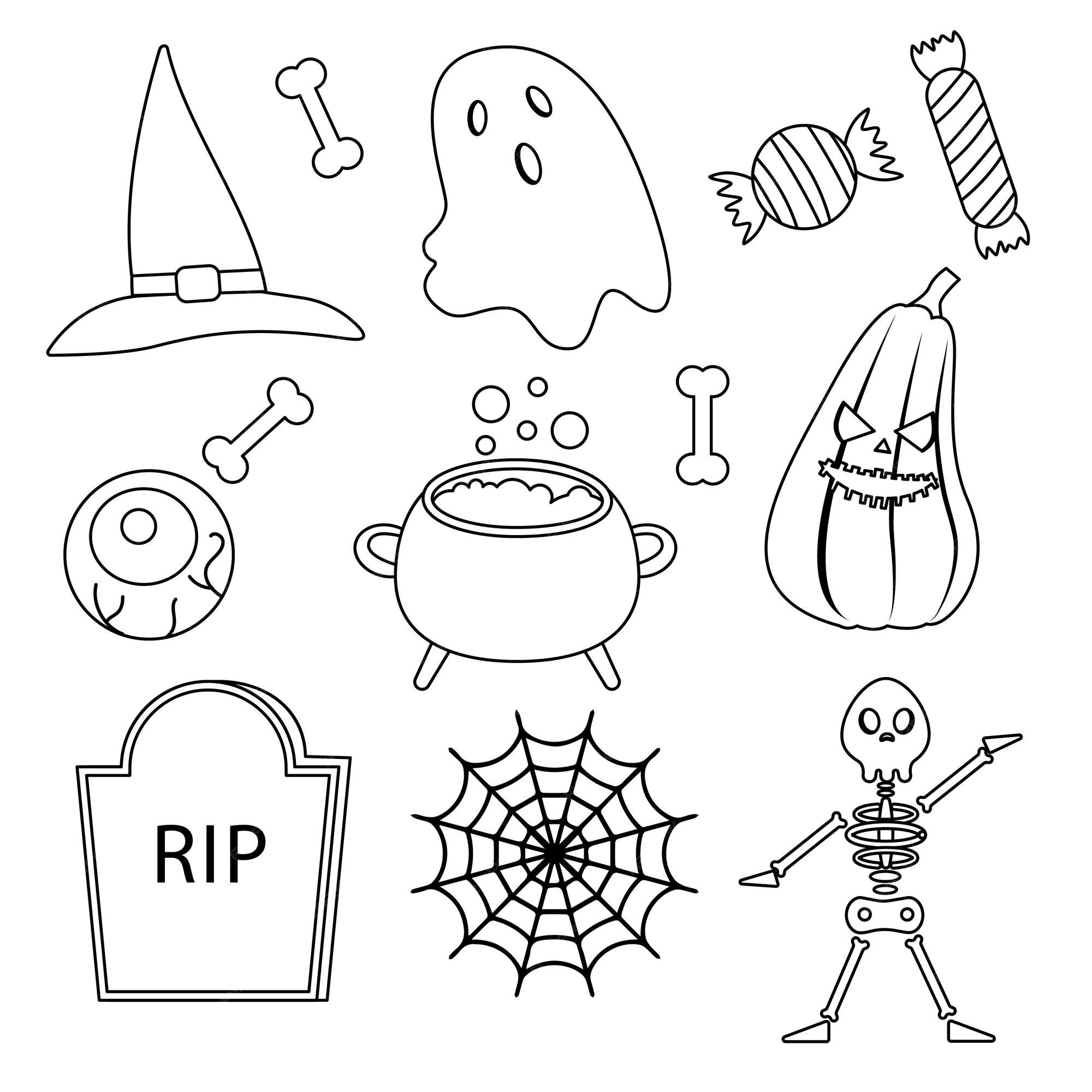 Elementos de contorno de halloween. ilustração vetorial de uma coleção de  desenhos animados de linha preta, fáceis de editar