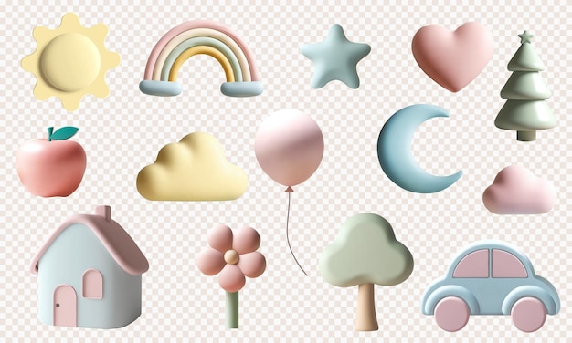 Conjunto de elementos de creche 3D Nuvens arco-íris lua estrela casa carro árvore sol brinquedos 3D para crianças cor pastel