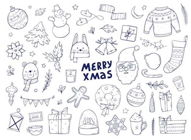 Conjunto de elementos de desenhos animados de doodles de natal clip art isolado no fundo branco