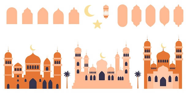 Vetor conjunto de elementos de design da religião islâmica como janelas e arcos estrela da mesquita lanterna da lua apartamento moderno
