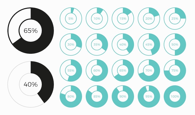 Conjunto de elementos de design de diagramas de gráfico de pizza infográfico de círculo na moda com porcentagens