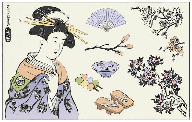 Vetor conjunto de elementos de design japonês. ilustração de mulher de gueixa.