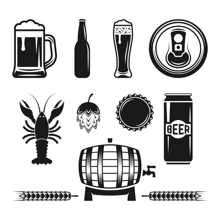 Conjunto de elementos de design monocromático de cerveja e cervejaria isolado no branco