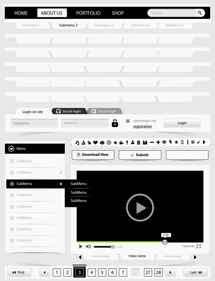 Vetor conjunto de elementos de design web preto