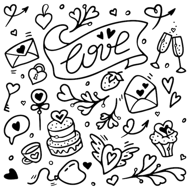 Conjunto de elementos de doodle de contorno de dia dos namorados fofos ilustração vetorial Premium em estilo gravado