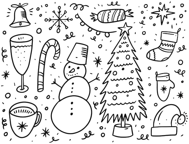 Conjunto de elementos de doodle de férias de Natal. Tinta preta. Isolado no fundo branco.