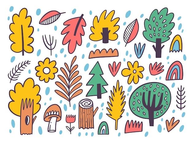 Conjunto de elementos de doodle de floresta. ilustração em vetor estilo colorido dos desenhos animados.