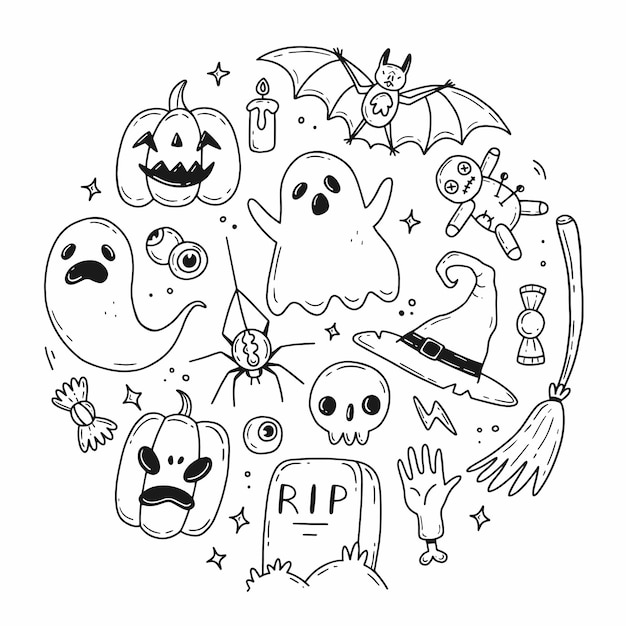 Conjunto de elementos de doodle de halloween em forma de círculo