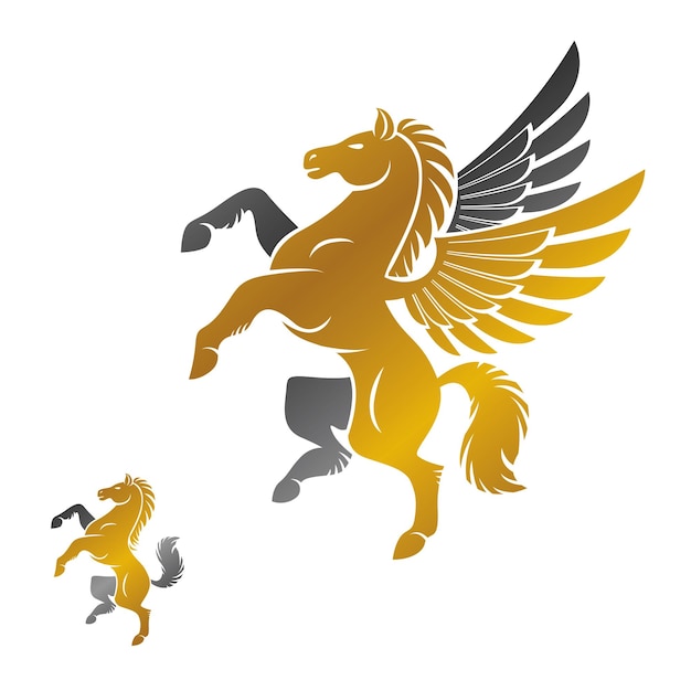 Conjunto de elementos de emblemas antigos de pegasus e cavalo alados. coleção de elementos de design de vetor heráldico. rótulo de estilo retrô, logotipo de heráldica.