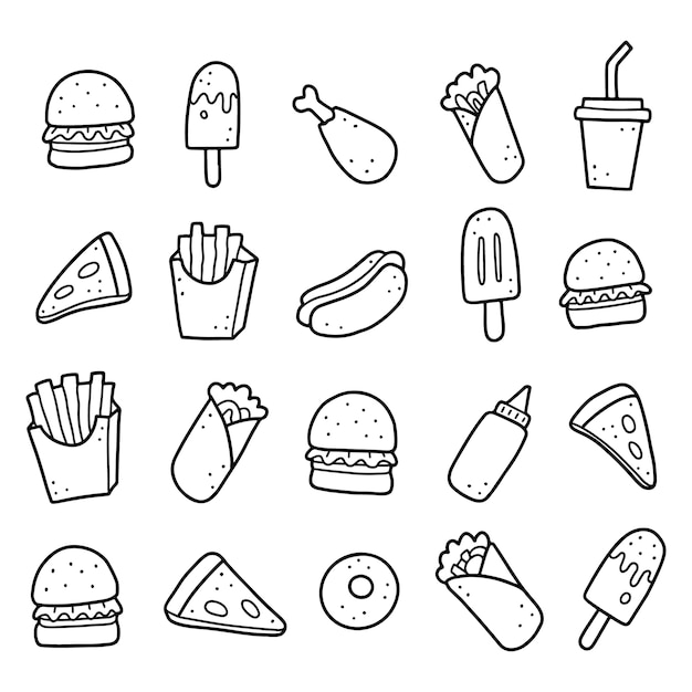 Conjunto de elementos de fast food de mão desenhada. Ilustração do estilo do Doodle.