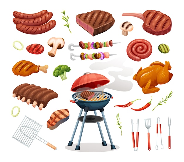 Conjunto de elementos de festa de churrasco grelhados de carne e ingredientes conceito de churrasco em estilo cartoon