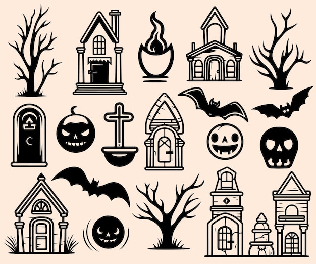 Conjunto de elementos de halloween à mão desenhado ícone de halloween conjunto de ilustração vetorial doodle preto e branco