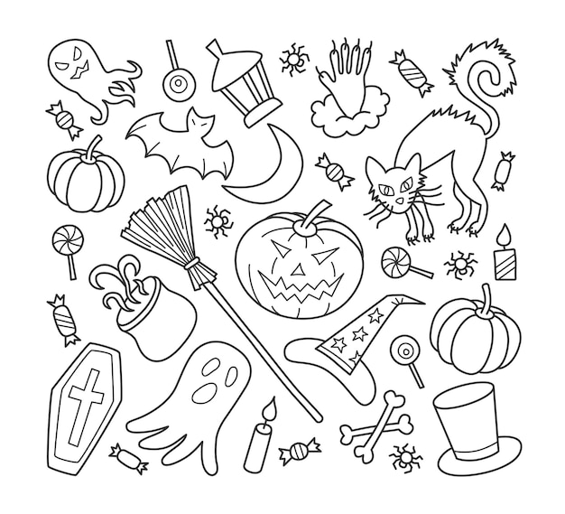 conjunto de ilustrações no estilo de doodle sobre o tema do halloween.  desenhos simples e fofos com fantasmas, abóboras e doces. fotos engraçadas  para crianças 10403146 Vetor no Vecteezy