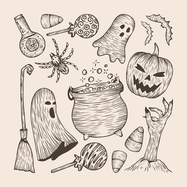 Conjunto de elementos de halloween desenhados à mão