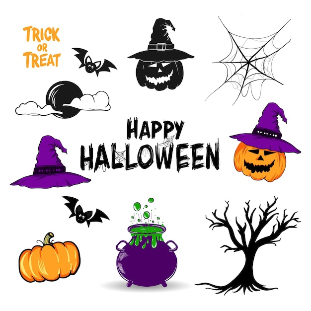 conjunto de elementos de Halloween desenhados à mão