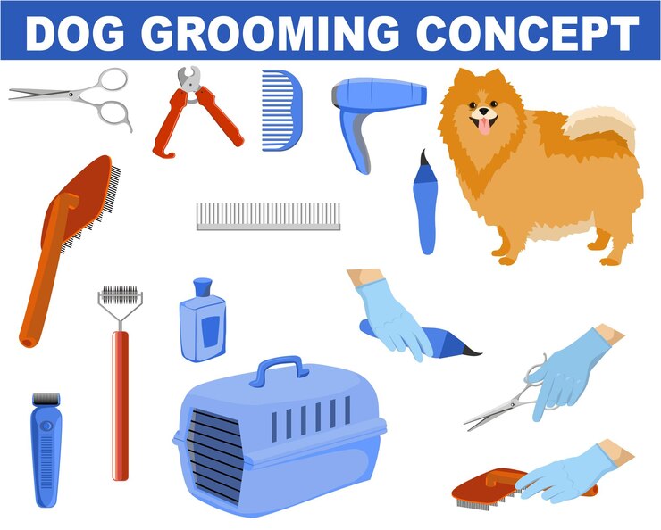 Vetor conjunto de elementos de higiene para cães ferramentas usadas em salões de beleza para animais conjunto de ferramentas de higiene de animais de estimação para cães