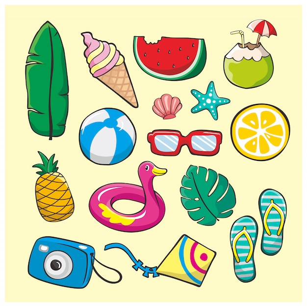 Conjunto de elementos de ilustração de doodle de verão