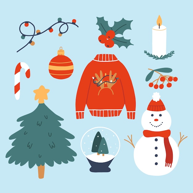 Conjunto de elementos de inverno coleção de elementos de Natal abeto camisola de boneco de nevecandlegarland Estilo simples Ilustração vetorialTempo aconchegante