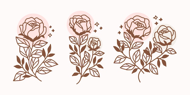 Vetor conjunto de elementos de logotipo de flor rosa mão desenhada