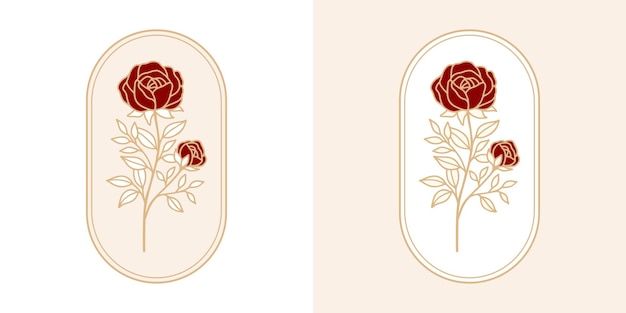 Conjunto de elementos de logotipo de ramo de folha e flor rosa botânica desenhada à mão