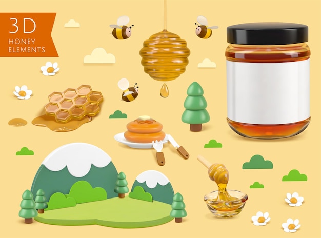 Conjunto de elementos de mel em miniatura 3d