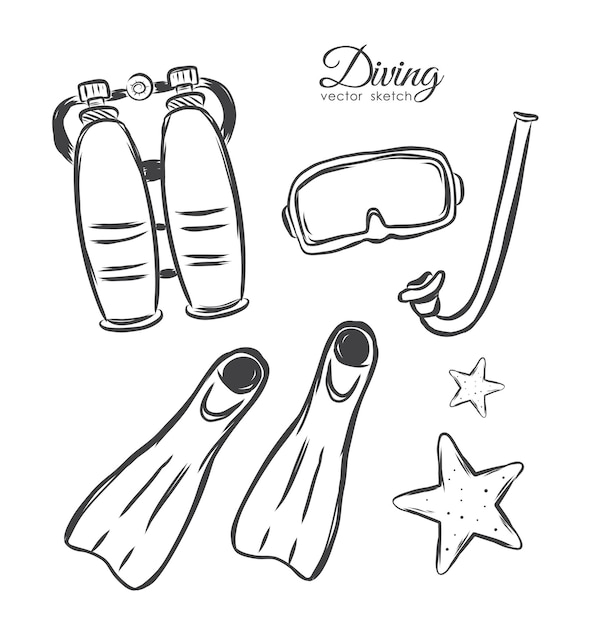 Conjunto de elementos de mergulho de mão desenhada. Esboço