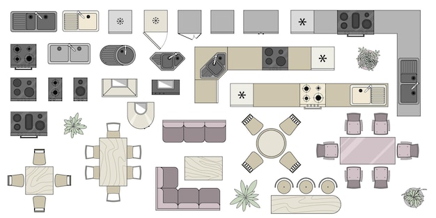 Vetor conjunto de elementos de mobília, vista superior para cozinha e sala de jantar, apartamento casa equipamento interior