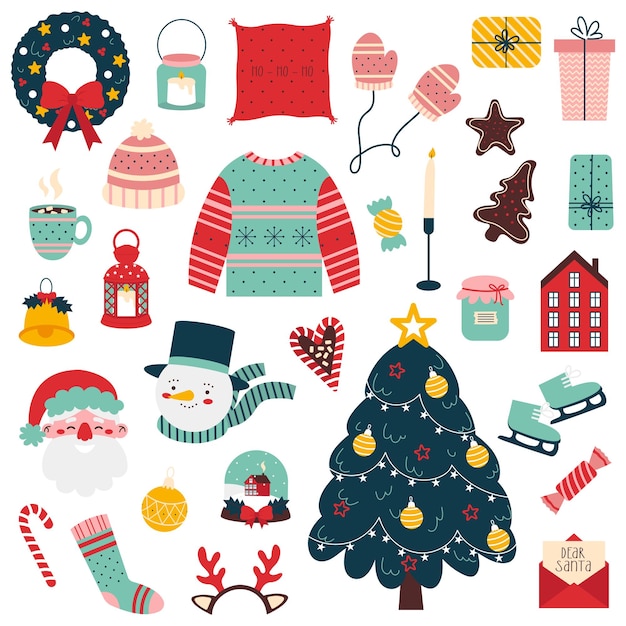 Vetor conjunto de elementos de natal. árvore de natal e guirlanda, papai noel, doces, roupas quentes, boneco de neve.