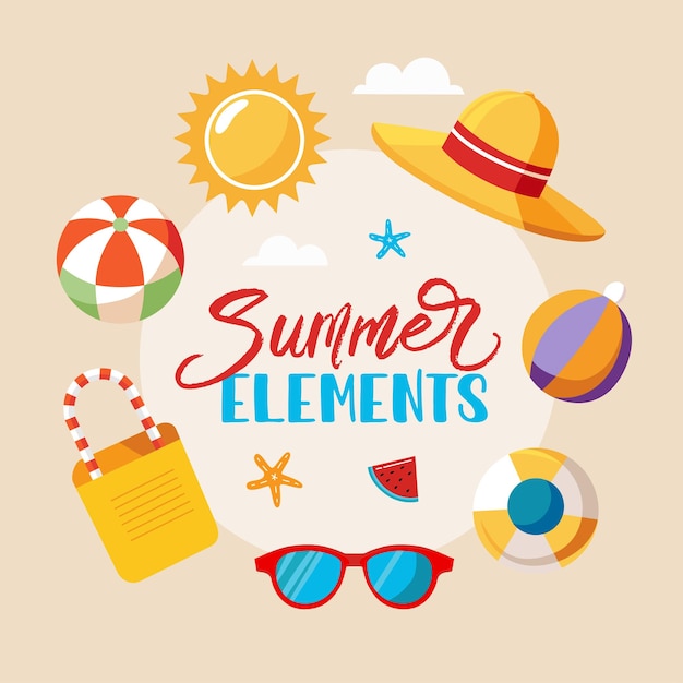 Conjunto de elementos de objetos nas férias de verão