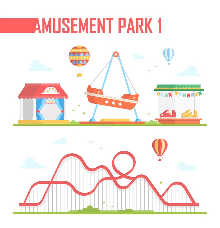 Vetor conjunto de elementos de parque de diversões - ilustração vetorial moderna em fundo branco. montanha russa, balões de ar quente, palco para apresentações ao ar livre, carrosséis, atração. conceito de entretenimento
