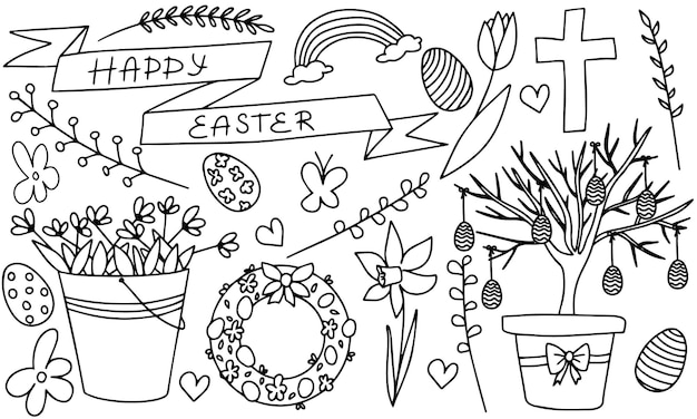 Conjunto de elementos de páscoa em estilo doodle. elemento de desenho de mão para a páscoa. ilustração em vetor.
