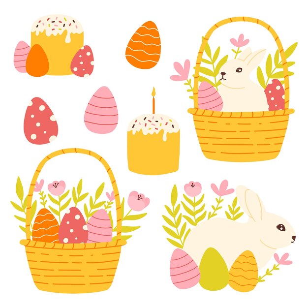 Conjunto de elementos de Páscoa Ovos de coelhinho da Páscoa Bolo de Páscoa Ilustração vetorial Estilo desenhado à mão plana Adesivos de Páscoa