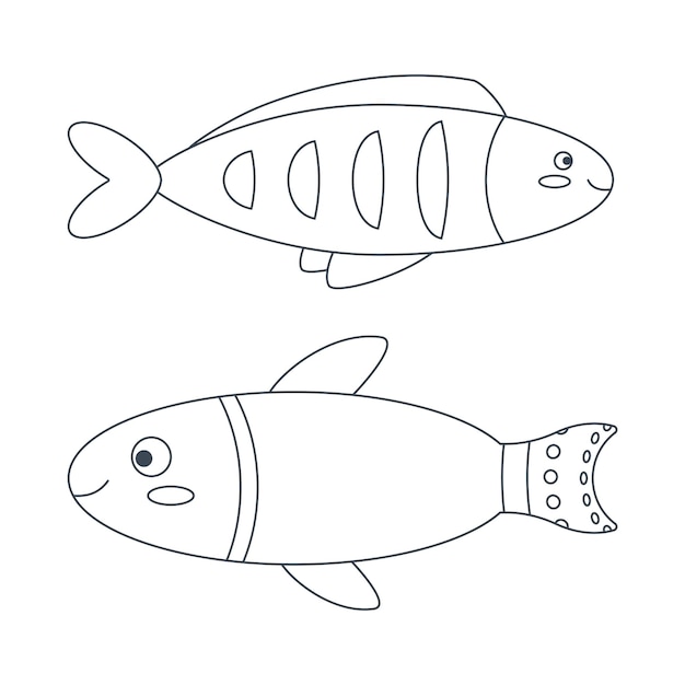 Conjunto de elementos de peixes marinhos em estilo cartoon plano line art