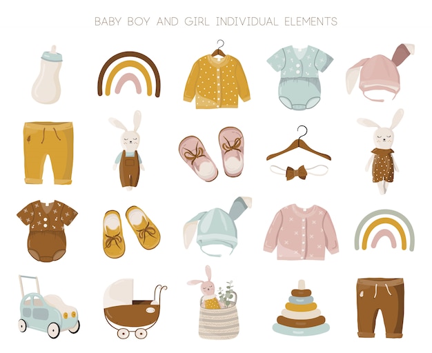 Vetor conjunto de elementos de roupas de bebê menino e menina.