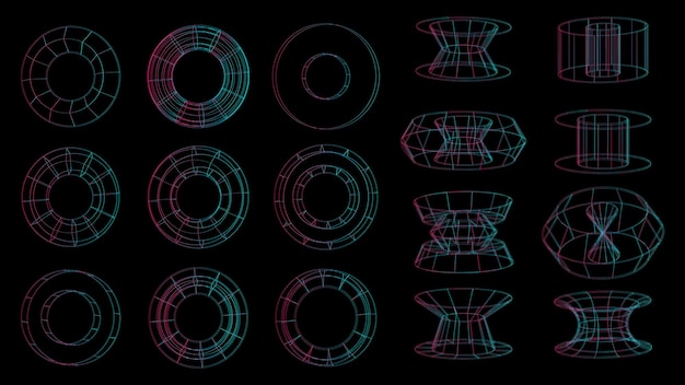 Conjunto de elementos de tecnologia geométrica abstrata em estilo cyberpunk Coleção vintage retrô 3d design digital virtual Textura 80s vr Padrão de metaverso futurista Fundo de modelo isolado de vetor