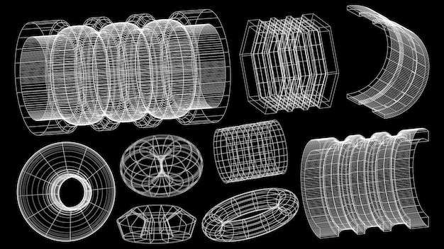 Vetor conjunto de elementos de tecnologia geométrica abstrata em estilo cyberpunk coleção vintage retrô 3d design digital virtual textura 80s vr padrão de metaverso futurista fundo de modelo isolado de vetor