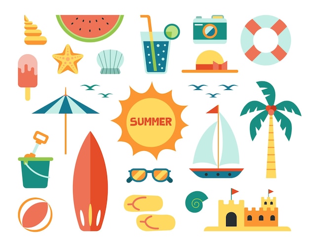 Conjunto de elementos de verão de estilo simples ilustração de desenho animado